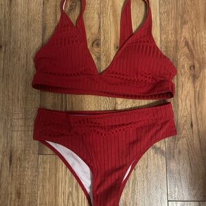 Red Ribbed Bikini Set